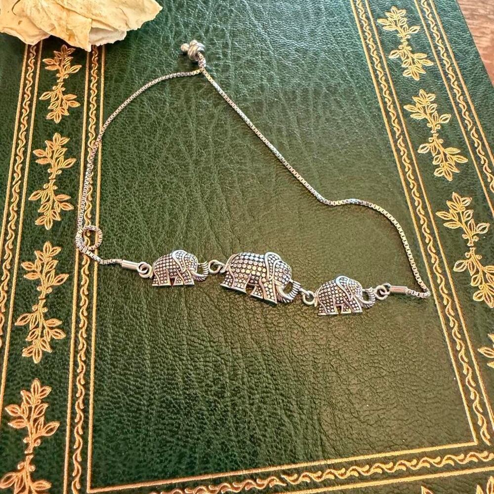 ROSS SIMON Sterling Silver 3 Trio Bali Lucky Elephant bolo link chain-bracelet